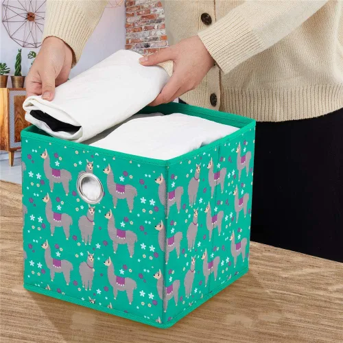 Miniatura 2 de QY-SC16-3 - Cubos plegables de tela Strorage de 10 x 10 x 10 pulgadas, patrón de alpaca verde lago para organizador de armario, insertos y cajones