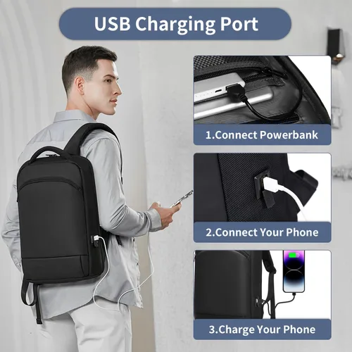 Miniatura 4 de Mochila delgada para laptop para hombre, mochila de negocios ligera de 15.6 pulgadas, mochila de viaje impermeable con puerto de cargador USB, bolsa
