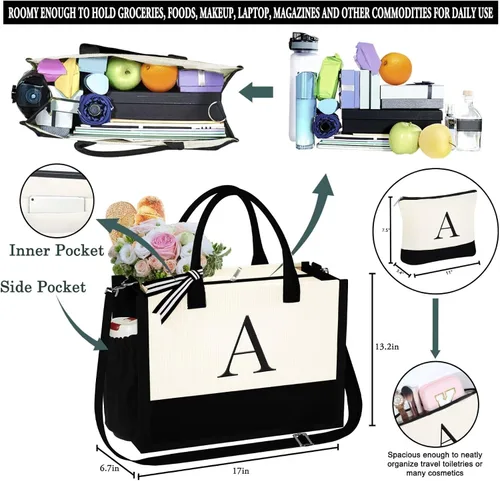 Miniatura 4 de YOOLIFE Regalos de Navidad para Mujeres - Bolsa Tote con Inicial y Bolsa de Maquillaje, Rellenos de Calcetín Navideño para Mujeres Mamá Esposa