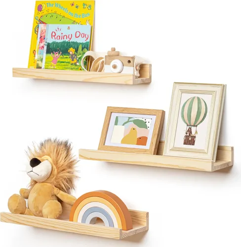 Miniatura 52 de FLYJOE Estante de repisa de fotos para pared, 24 pulgadas de madera de fresno maciza, estantes para libros de guardería, estantes flotantes