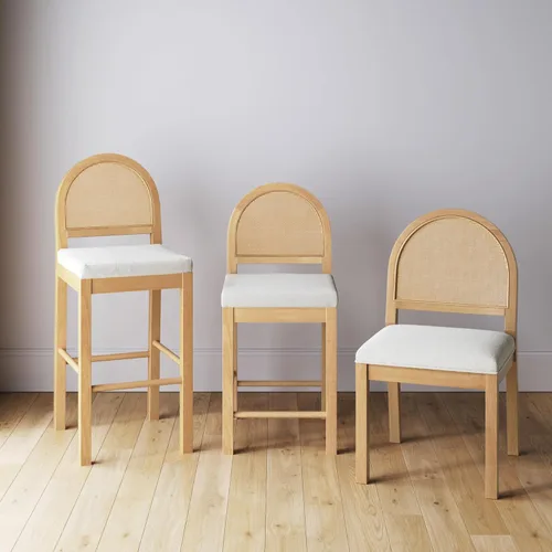 Miniatura 9 de Nathan James Bailey - Silla de comedor Boucle de 19 pulgadas, silla lateral tapizada con respaldo de ratán tejido natural y patas de madera maciza