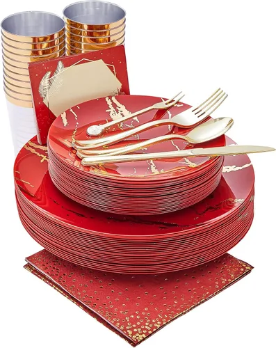 N9R Juego de vajilla de plástico de 225 piezas de oro rojo – desechable para el Día de la Madre, incluye 25 platos llanos, 25 platos de postre, 25
