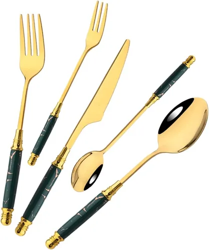 Miniatura 11 de JASHII Fancy Silverware - Juego de cubiertos de acero inoxidable dorado, juego de cubiertos de espejo, cuchillo y tenedor, cuchara, cucharadita
