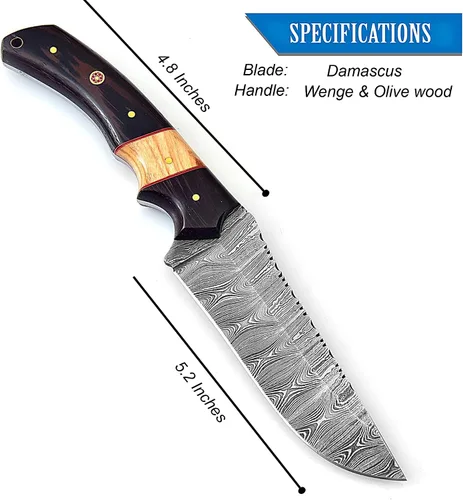 Miniatura 5 de Cuchillo de acero de Damasco hecho a mano para caza, cuchillo de hoja fija para camping, supervivencia y actividades al aire libre, 10 pulgadas