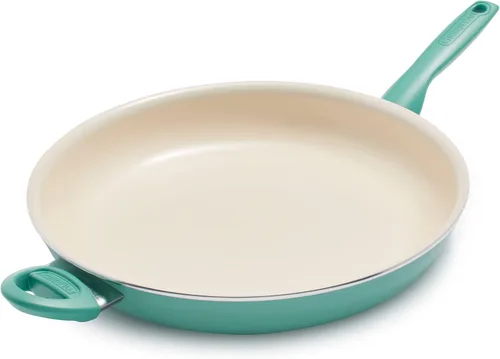 GreenPan Rio Healthy Ceramic - Sartén antiadherente de 13.5 pulgadas con mango auxiliar, sin PFAS, apto para lavavajillas, turquesa