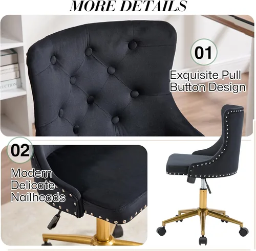 Miniatura 7 de Silla de escritorio de terciopelo sin brazos para oficina en casa, silla giratoria con altura ajustable, pequeña y linda silla de tocador para Negro