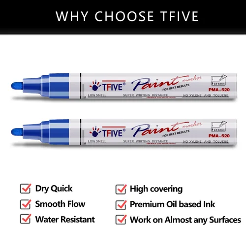 Miniatura 2 de TFIVE Rotuladores de pintura permanente azul – 2 rotuladores a base de aceite, punta media, impermeables y de secado rápido, para oficina, proyectos