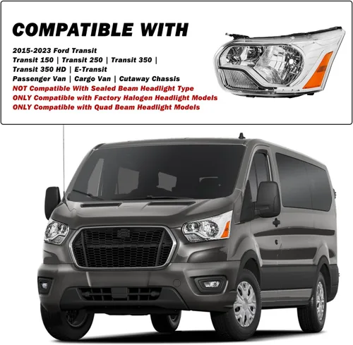 Miniatura 5 de SOCKIR Conjunto de faros delanteros de carcasa cromada para Ford Transit Van 150 250 350 HD de repuesto para Ford Transit Van 150 250 350 HD, lado