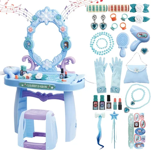 deAO Juego de tocador de maquillaje para niños pequeños con espejo y silla, juego de tocador para niños con luz y música, juguete de maquillaje de