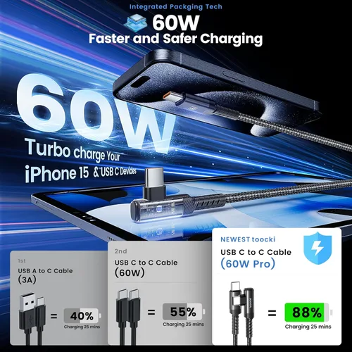 Miniatura 2 de Cable de carga USB C a USB C (3.3 pies, paquete de 2), cable de carga tipo C de 60 W, cable de carga rápida de ángulo recto USBC a USBC para iPhone