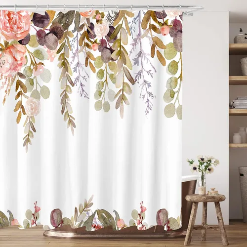 Miniatura 10 de Tititex Blomming - Cortina de ducha floral blanca brillante, hojas verdes acuarela en la parte superior, decoración de baño de planta