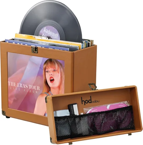 Hododou Vinyl Record Storage Box with Lock Record Organizer Storage for 30+ Single Records 12-inch Water Resistant Collapsible Storage Crate with