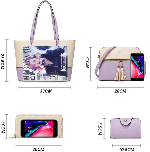 Miniatura 118 de Juego de 4 bolsas modernos para mujer de cuero sintético: bolso tote, bolso de hombro, bolso de mano y cartera.