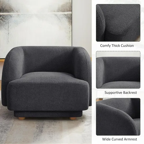 Miniatura 4 de VANOMi Silla de sala de estar de gran tamaño, sillas de barril modernas y cómodas, sillón individual con patas de madera, sillón tapizado