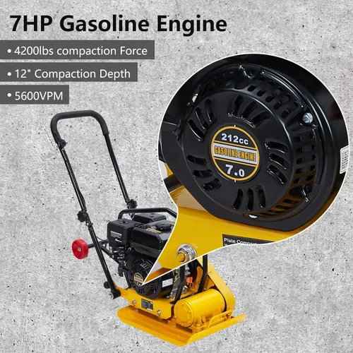 Miniatura 4 de GarveeHome 7HP Plataforma compactadora de pisón, motor de gas de 212 CC, manipulación vibratoria de compactación de 4200 libras, 22.1 x 15.9
