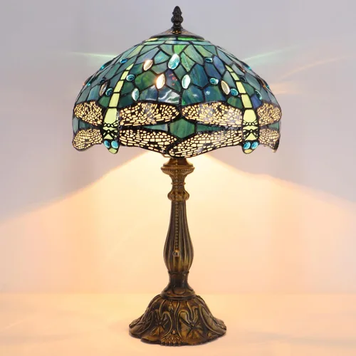 Miniatura 4 de Tiffany Lamp Stained Glass Table Lamp Bedside Reading Light W12H19 Inches (Sea Blue Dragonfly Style)