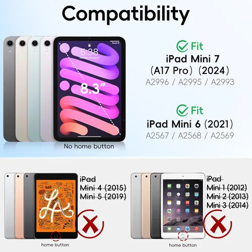 Miniatura 2 de BATYUE Funda para iPad Mini 7 A17 Pro 2024/iPad Mini 6 2021 de 8.3 pulgadas con soporte para lápices, soporte giratorio de 360°, correa