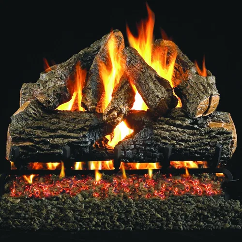 Peterson Real Fyre - Juego de troncos de gas de roble carbonizado de 24 pulgadas con quemador G45 ventilado, luz de partido, salida de 90,000 BTU,