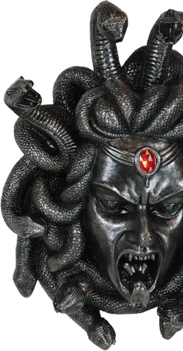 Miniatura 9 de Ebros Mitología griega Gorgona Diosa Medusa Cabeza con pelo de serpientes y frasco rojo de gema de sangre Decoración de pared Estatua de 16 pulgadas
