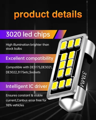 Miniatura 2 de DE3175 DE3021 - Bombillas LED de cúpula de 640 lúmenes, extremadamente brillantes, 3020 12-EX, chipsets de 1.25 pulgadas, 1.220 in, DE3022 3175