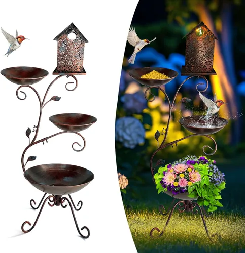 Miniatura 11 de HONGLAND Baño de metal para pájaros de 36.5 pulgadas con enrejado, baño para pájaros de jardín al aire libre con cuenco desmontable y soporte