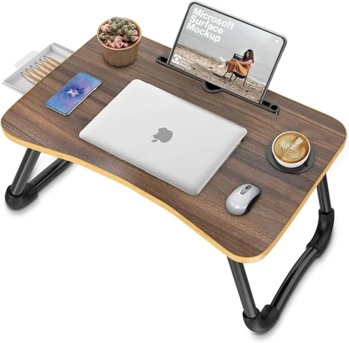 Miniatura 7 de Zapuno Mesa de cama plegable para laptop, mesa multifunción con cajón de almacenamiento y soporte para botella de agua, bandeja de servir mesa