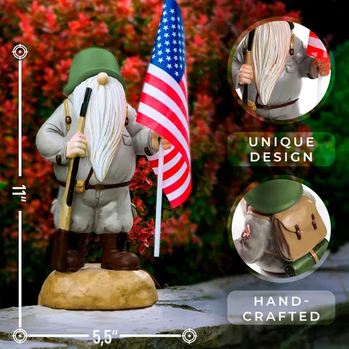 Miniatura 4 de Gnomo de jardín solar patriótico con bandera estadounidense, gnomos de jardín armados de resina de 11 pulgadas, estatua para exteriores, decoración