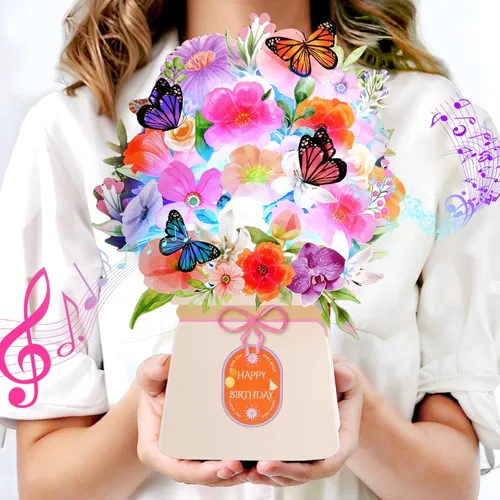 Yinqing Tarjetas de cumpleaños, tarjeta de feliz cumpleaños ligera y música, lirio y mariposas, ramo de flores de tamaño natural de 10 pulgadas,