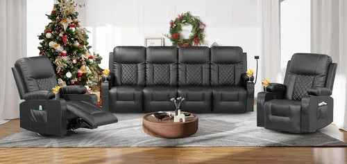 Miniatura 15 de FURNIMAT Sofá reclinable, sofá reclinable doble de 3 asientos, sofá biplaza de piel sintética, moderna silla reclinable para sala de estar, con Negro