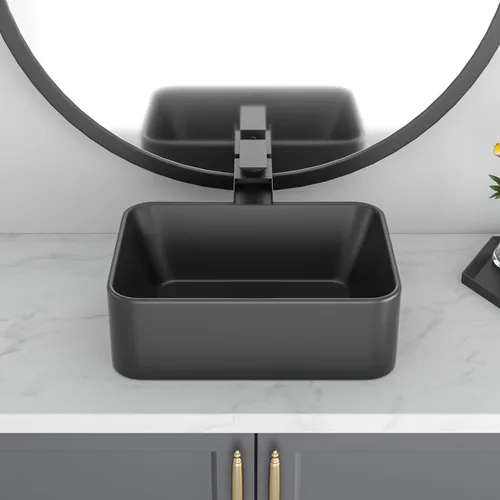 Miniatura 3 de Lavabo de baño negro de 16 x 12 pulgadas, lavabo de apoyo rectangular para baños, de cerámica, sobre mostrador, lavabo rectangular de baño, lavabo