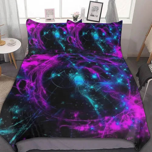 Miniatura 24 de Juego de 3 piezas de edredón neón que brilla en la oscuridad, funda de almohada de microfibra con cremallera para cama matrimonial, Queen