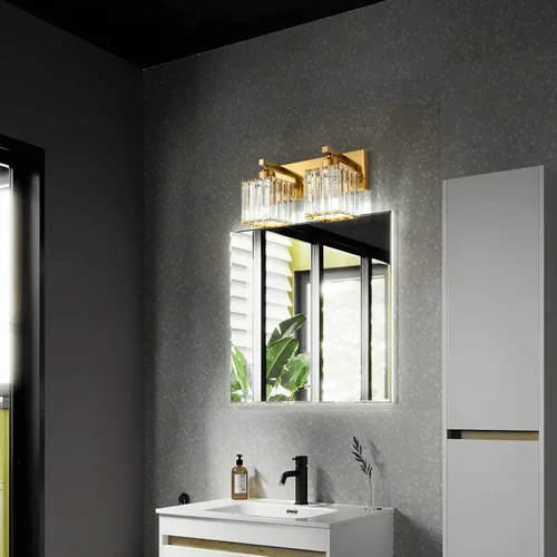 Miniatura 3 de Lámpara de cristal de pared moderna de latón cepillado dorado con 2 luces para tocador de baño Oro Recto