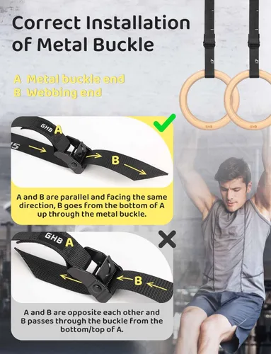 Miniatura 5 de GHB Anillos de gimnasia de madera, anillos olímpicos de 1.25 pulgadas, correas ajustables, juegos de anillos para entrenamiento, peso corporal