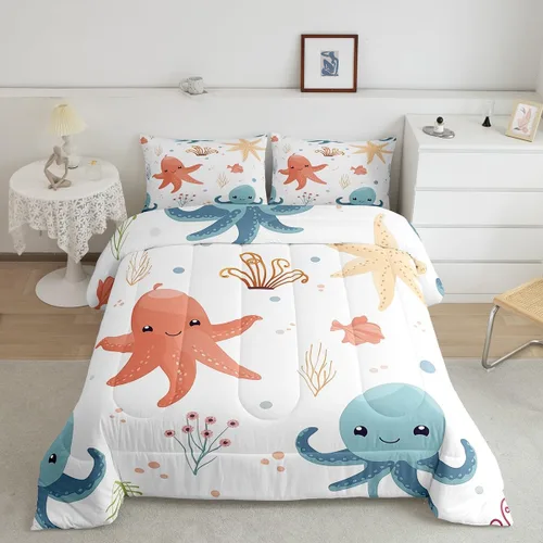 Miniatura 33 de Erosebridal Juego de edredón de ballena náutica, tamaño individual, juego de ropa de cama vintage azul con ondas oceánicas para niños y niñas