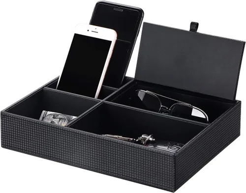 BEWISHOME Bandeja organizadora de aparador para hombre organizador de mesita de noche para accesorios de joyería fibra de carbono piel sintética