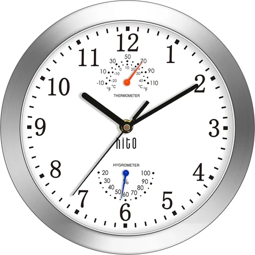 HITO Reloj de pared silencioso de 10 pulgadas, funciona con pilas, sin tictac, con cubierta de vidrio, marco de aluminio plateado, para decoración