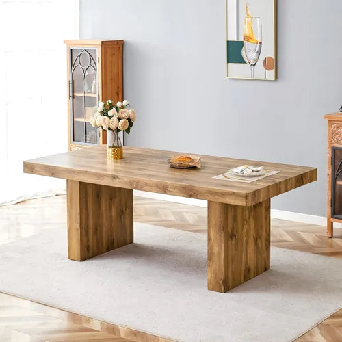 Miniatura 8 de gopop Rustic Modern 79" Rectangular Dining Table, Solid Wood Farmhouse Kitchen Table with Sturdy Legs, Wooden Dining Room Table for 6–10 People