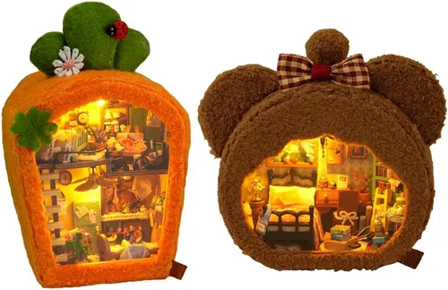 Miniatura 10 de TOPBSFARNY Kit de casa en miniatura, 2 piezas de animales lindos en miniatura, casa de madera para muñecas de bricolaje, modelo en miniatura con luz