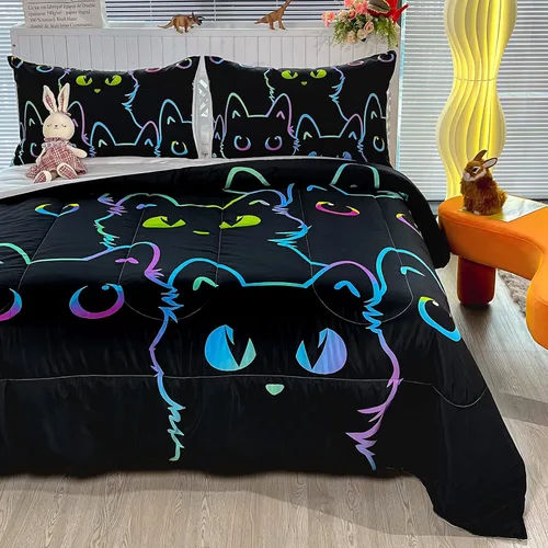 Miniatura 3 de BailiPromise Juego de edredón de 3 piezas con diseño de animales Kawaii negros para niños, tamaño individual, lindo juego de ropa de cama de dibujos
