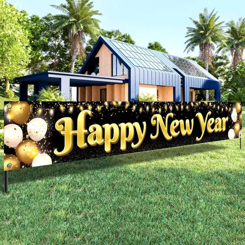 Miniatura 9 de KatchOn, Pancarta Grande de Feliz Año Nuevo 2026-120x20 Pulgadas Pancarta de NYE Letrero de Feliz Año Nuevo para el Jardín para Decoraciones