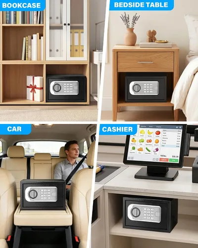 Miniatura 9 de [Mejorada] Caja de seguridad pequeña para el hogar, mini caja fuerte de 0.30 pies cúbicos con bolsa impermeable ignífuga, caja fuerte digital