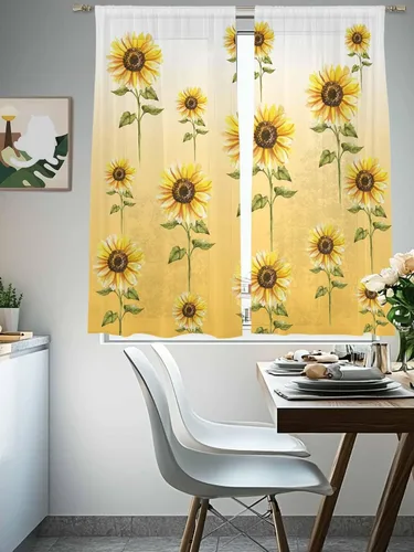 Miniatura 5 de Juego de 2 paneles de cortinas de girasol de 63 pulgadas de largo, cortinas traslúcidas amarillas con bolsillo para barra, cortinas de cocina