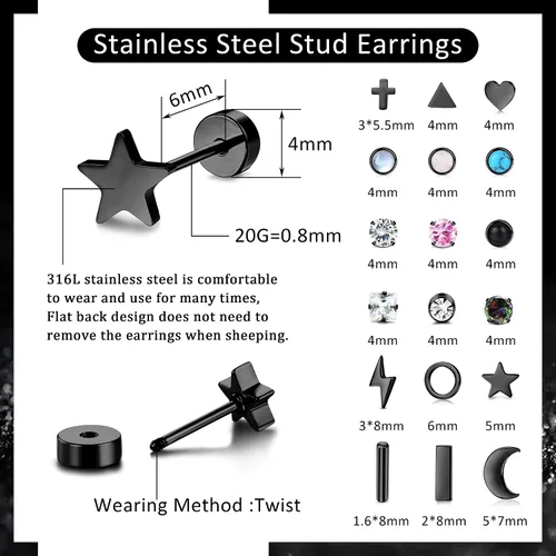 Miniatura 2 de TEN MIRO Juego de 18 pares de aretes pequeños para cartílago para mujeres y hombres, acero inoxidable 316L, 20G, cartílago, hélix, luna, estrella