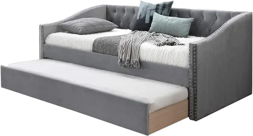 Miniatura 4 de Cama de día tapizada de terciopelo con ribete de clavos, color gris