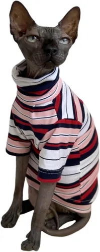 Miniatura 3 de Camisa de algodón con cuello redondo para gatos sin pelo Sphynx de rayas vintage, ropa para mascotas con mangas, camisetas para gatitos para Sphynx