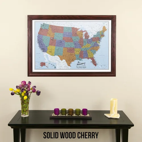 Miniatura 39 de Push Pin Travel Maps Lienzo personalizado Blue Oceans USA con marco gris de madera de granero