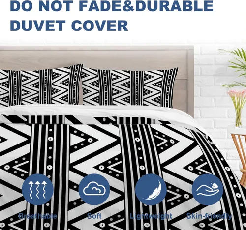 Miniatura 5 de Batmerry Juego de funda de edredón de 3 piezas con diseño geométrico tribal, tamaño individual, suave, esponjoso, étnico, africano, rayas blancas