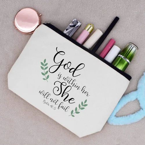 Miniatura 5 de LIBIHUA Bolsa de maquillaje para mujer, bolsa de cosméticos regalos para ella, bolsa de viaje femenina, Beige natural, 313-dios está dentro de ella