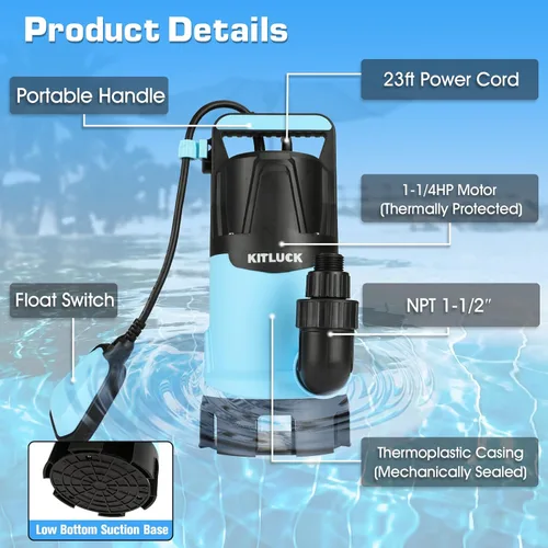 Miniatura 2 de KITLUCK Bomba de agua sumergible, bomba de sumidero de alto flujo de 1-1/4 HP 4500 GPH con interruptor de flotador, cable de alimentación de 23
