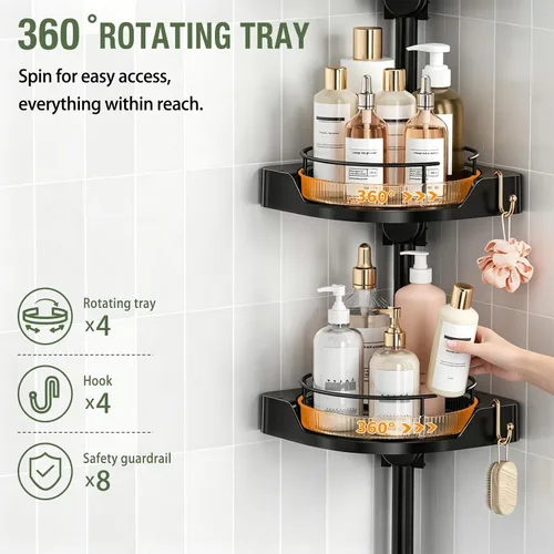 Miniatura 3 de shuang qing Organizador de Ducha de Esquina Giratoria de 360° con Poste de Tensión - Organizador de 4 Niveles Ajustable de Metal Resistente a